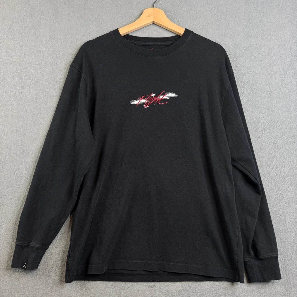 Jordan Mens Flight Long Sleeve Graphic T-Shirt Black Red Size M 100% Cotton